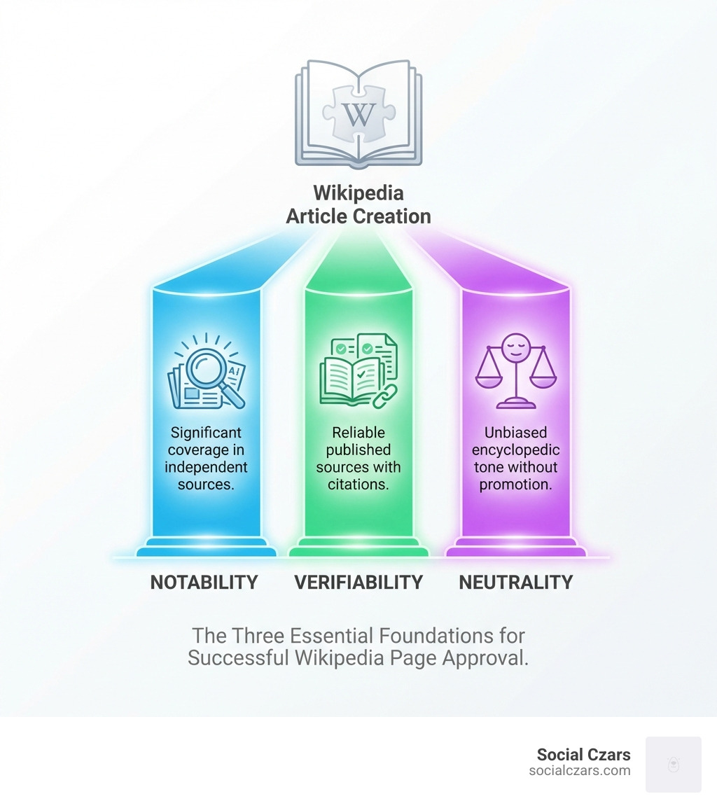 Infographic showing the three core pillars of Wikipedia article creation: Notability (significant coverage in independent sources), Verifiability (reliable published sources with citations), and Neutrality (unbiased encyclopedic tone without promotion) - Create a Wikipedia page infographic 