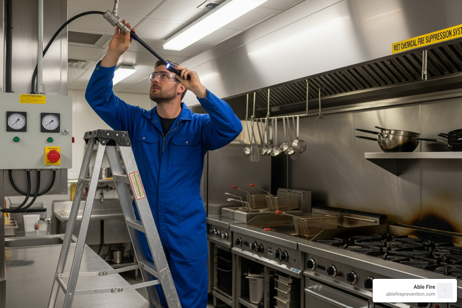 technician inspecting kitchen hood system - fire suppression system for commercial kitchen technician inspecting kitchen hood system - fire suppression system for commercial kitchen