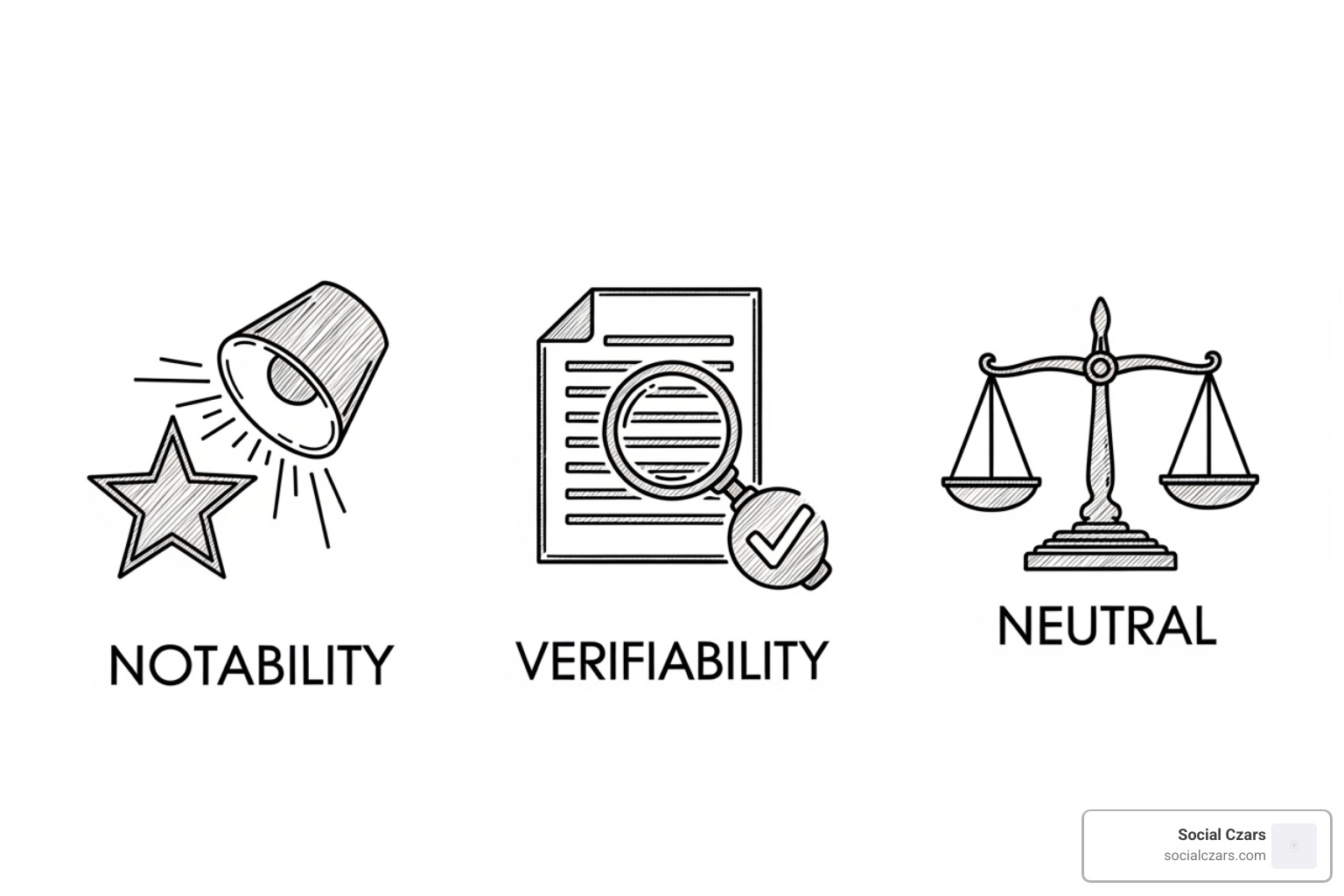 Icons representing Wikipedia's three core content policies: Notability, Verifiability, and Neutral Point of View - Improve Wikipedia Page