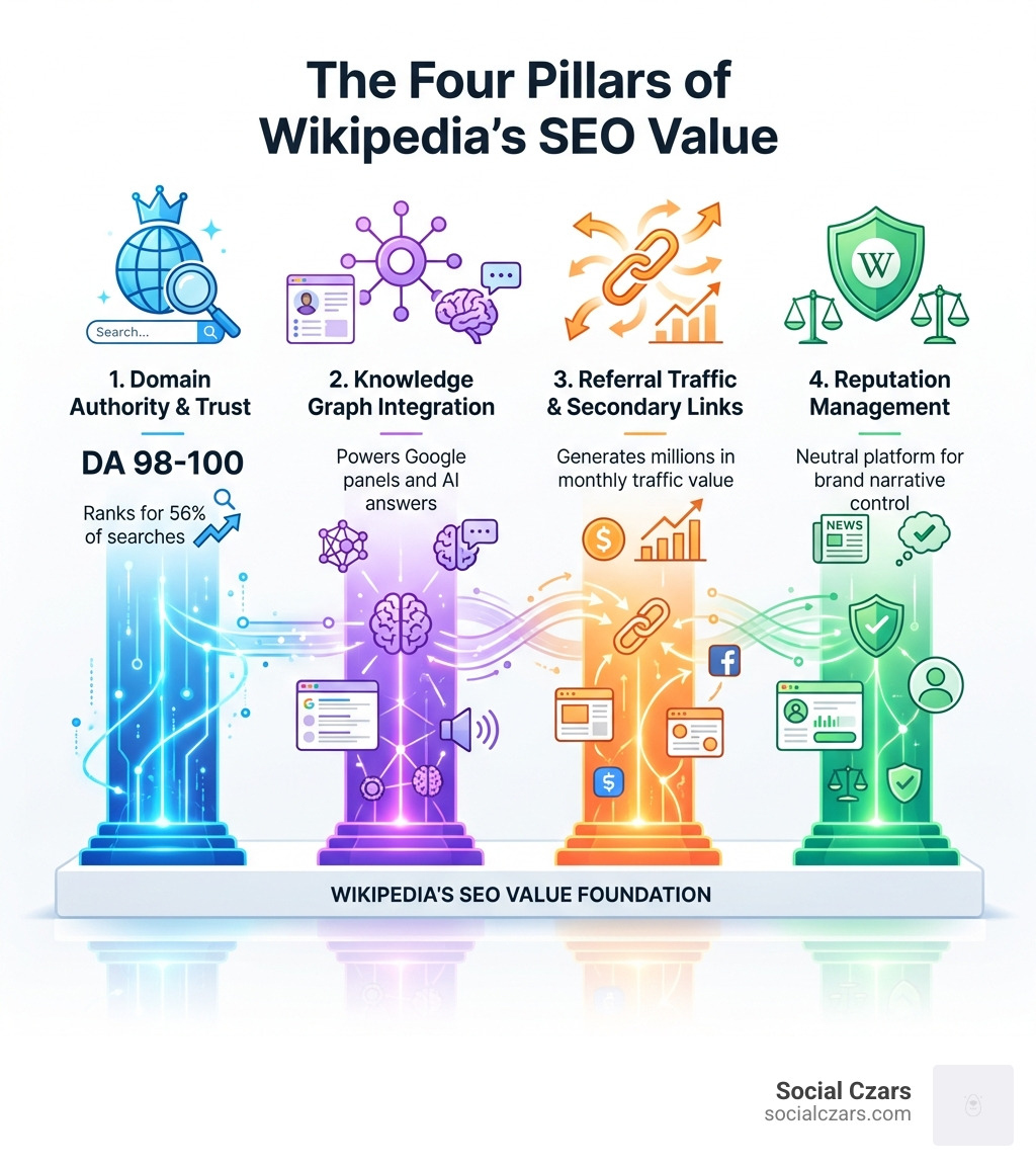 Infographic showing four pillars of Wikipedia's SEO value: 1) Domain Authority & Trust (DA 98-100, ranks for 56% of searches), 2) Knowledge Graph Integration (powers Google panels and AI answers), 3) Referral Traffic & Secondary Links (generates millions in monthly traffic value), and 4) Reputation Management (neutral platform for brand narrative control) - Why Wikipedia Matters for SEO infographic 
