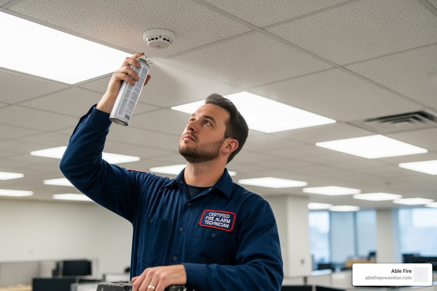 Image of a certified technician testing a smoke detector with canned smoke - Fire alarm maintenance