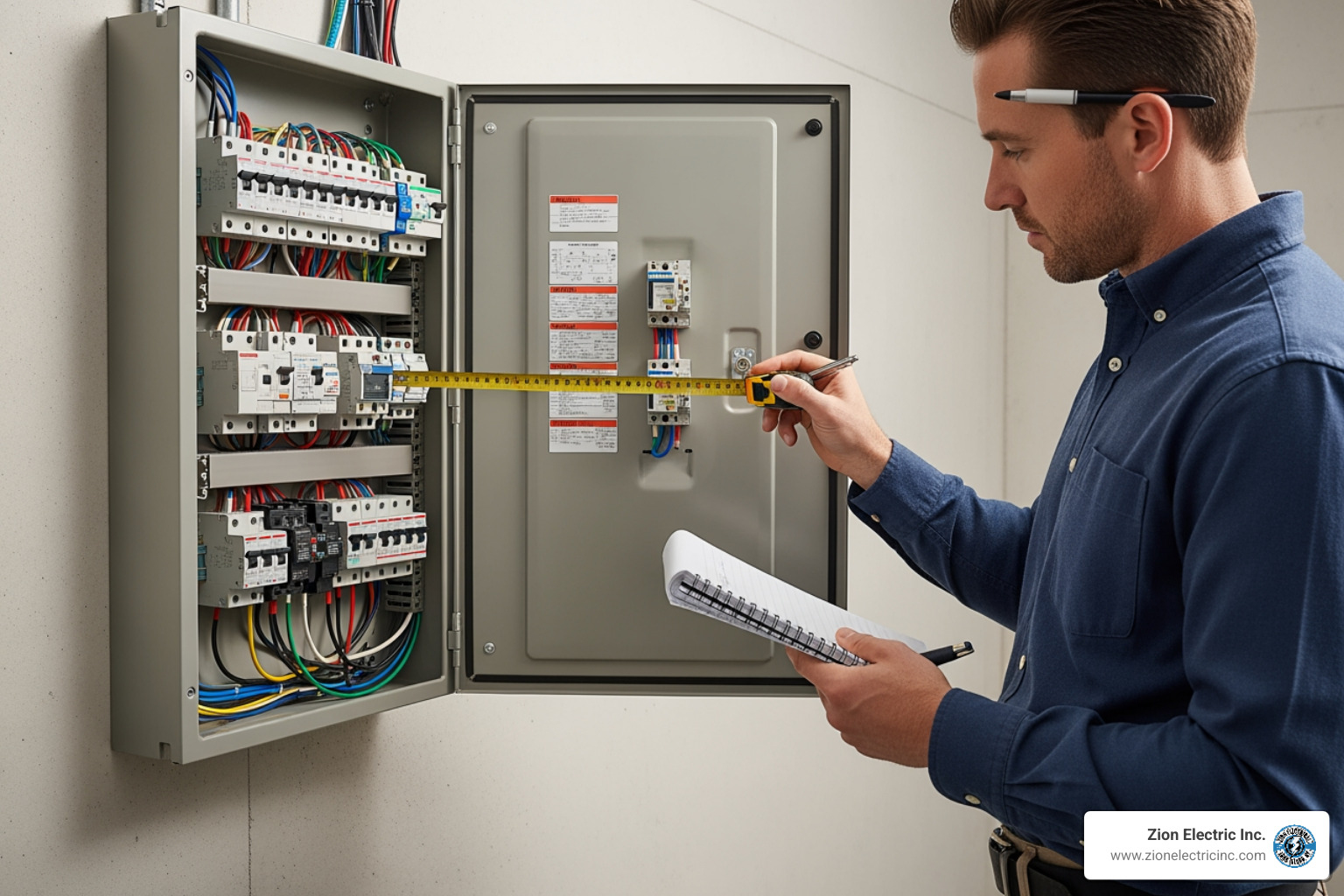 person using notepad and measuring tape next to electrical panel - 200 amp panel with 100 amp subpanel
