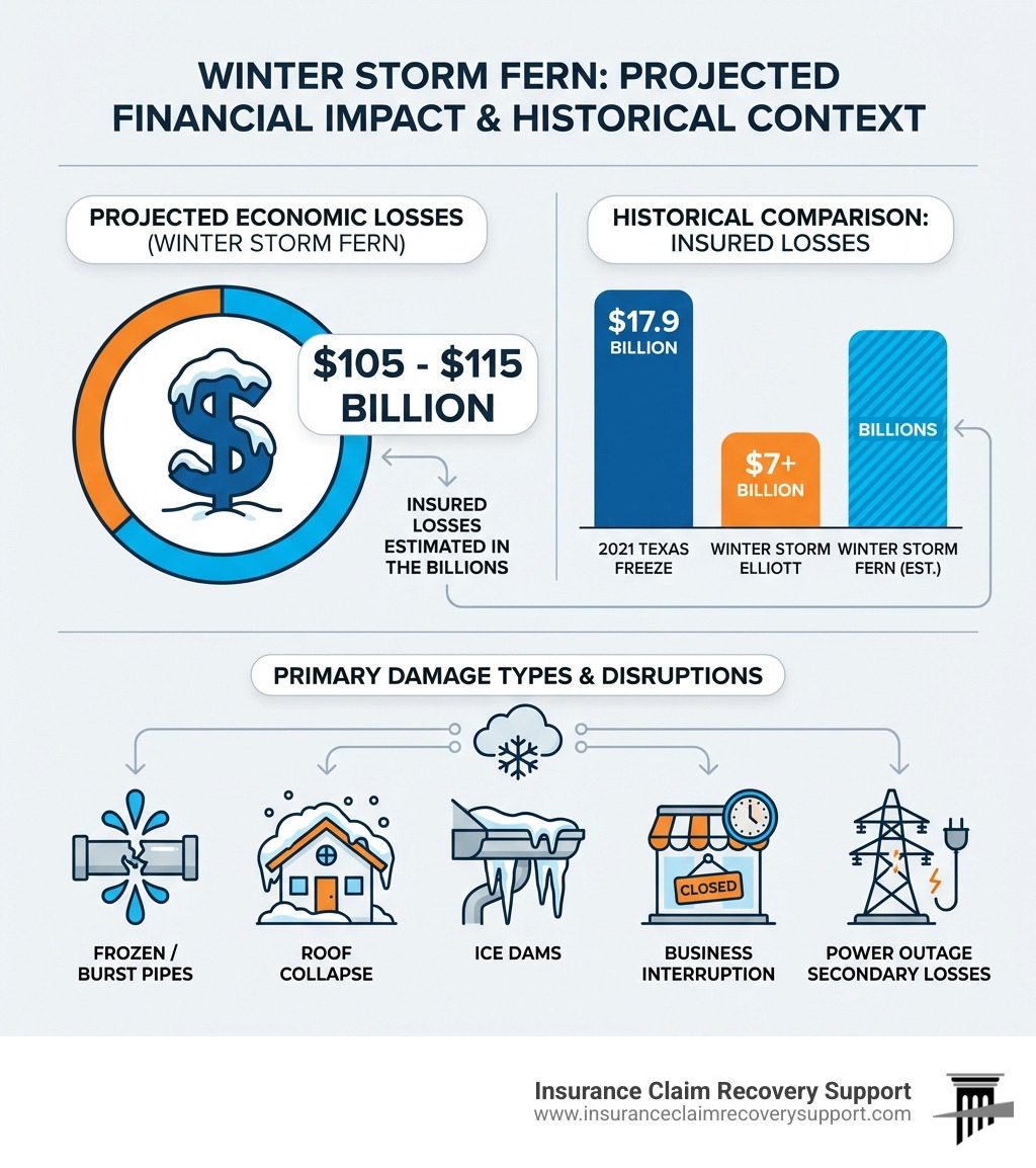 Infographic showing Winter Storm Fern projected economic losses of $105-115 billion compared to insured losses in the billions, alongside comparison data from the 2021 Texas Freeze ($17.9 billion insured losses) and Winter Storm Elliott ($7+ billion losses), with breakdown of primary damage types: frozen/burst pipes, roof collapse, ice dams, business interruption, and power outage secondary losses - winter storm fern property damage insurance claim infographic Infographic showing Winter Storm Fern projected economic losses of $105-115 billion compared to insured losses in the billions, alongside comparison data from the 2021 Texas Freeze ($17.9 billion insured losses) and Winter Storm Elliott ($7+ billion losses), with breakdown of primary damage types: frozen/burst pipes, roof collapse, ice dams, business interruption, and power outage secondary losses - winter storm fern property damage insurance claim infographic