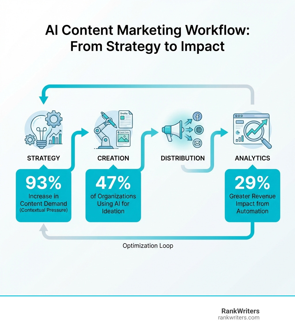 Infographic showing the AI content marketing workflow from strategy through creation, distribution, and analytics, with key statistics: 93% increase in content demand, 47% of organizations using AI for ideation, and 29% greater revenue impact from automation - AI content marketing infographic 
