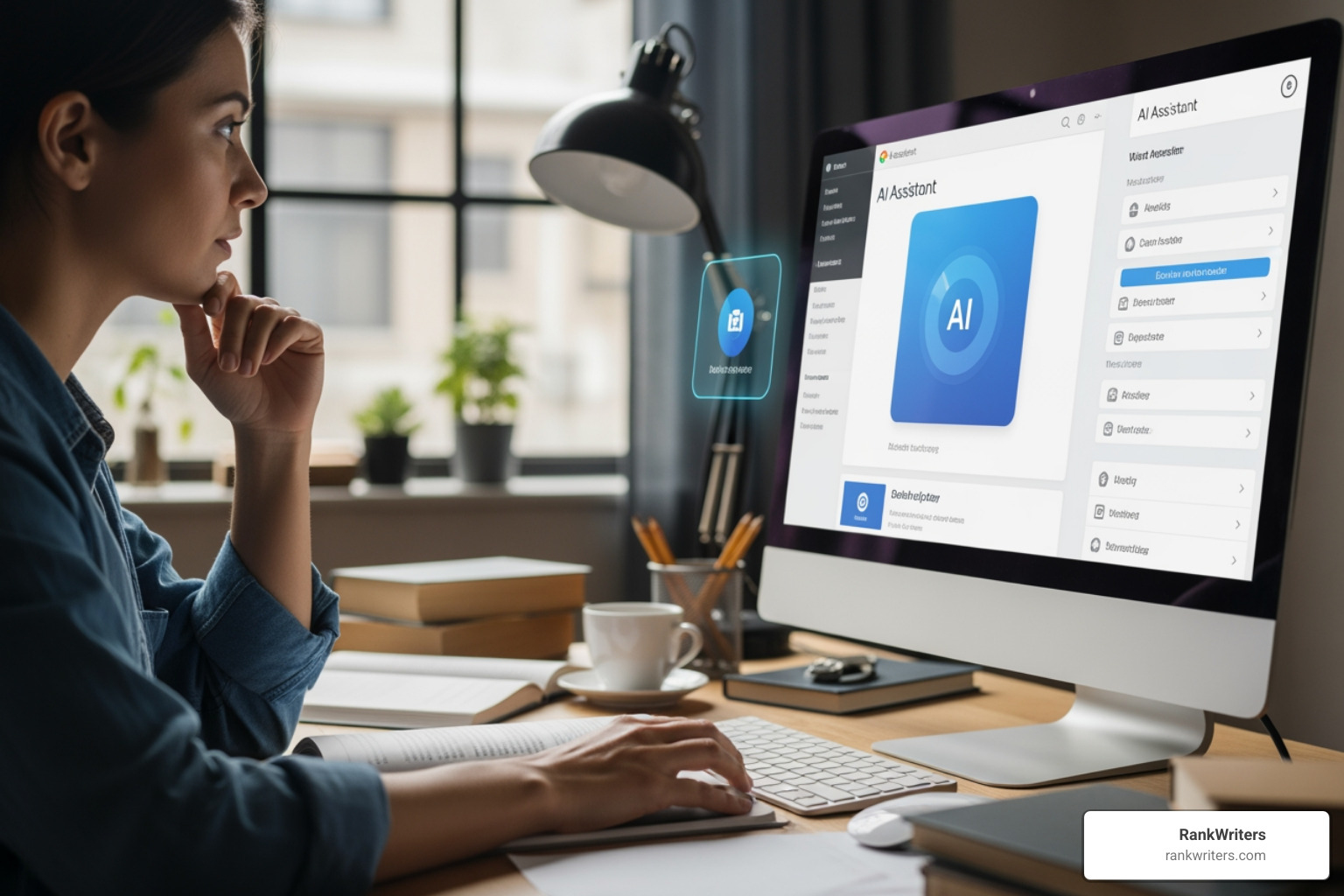 Writer collaborating with an AI assistant on a screen - AI content marketing