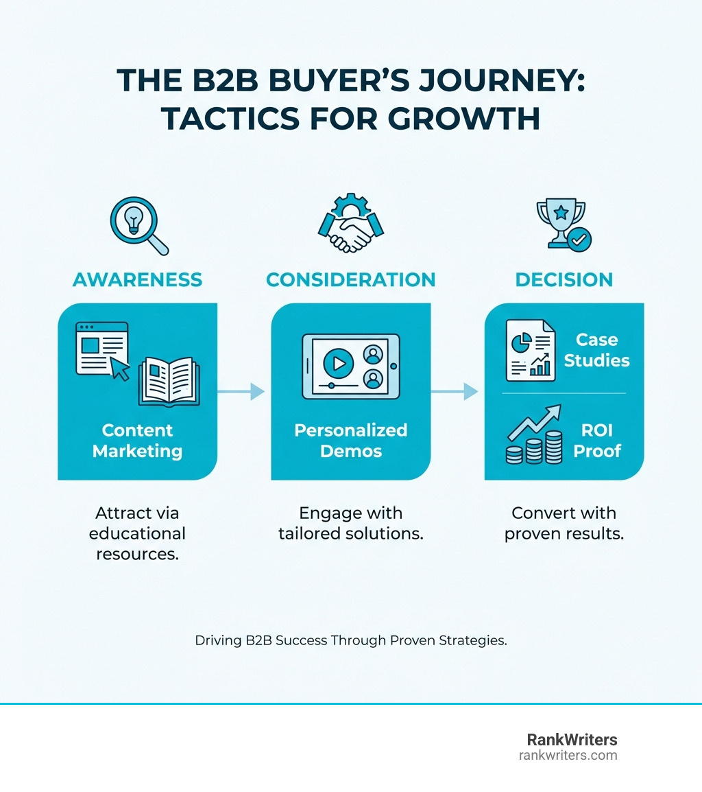 Infographic showing the B2B buyer's journey from awareness through consideration to decision, with key marketing tactics at each stage including content marketing for awareness, personalized demos for consideration, and case studies plus ROI proof for the decision phase - case studies b2b marketing infographic 