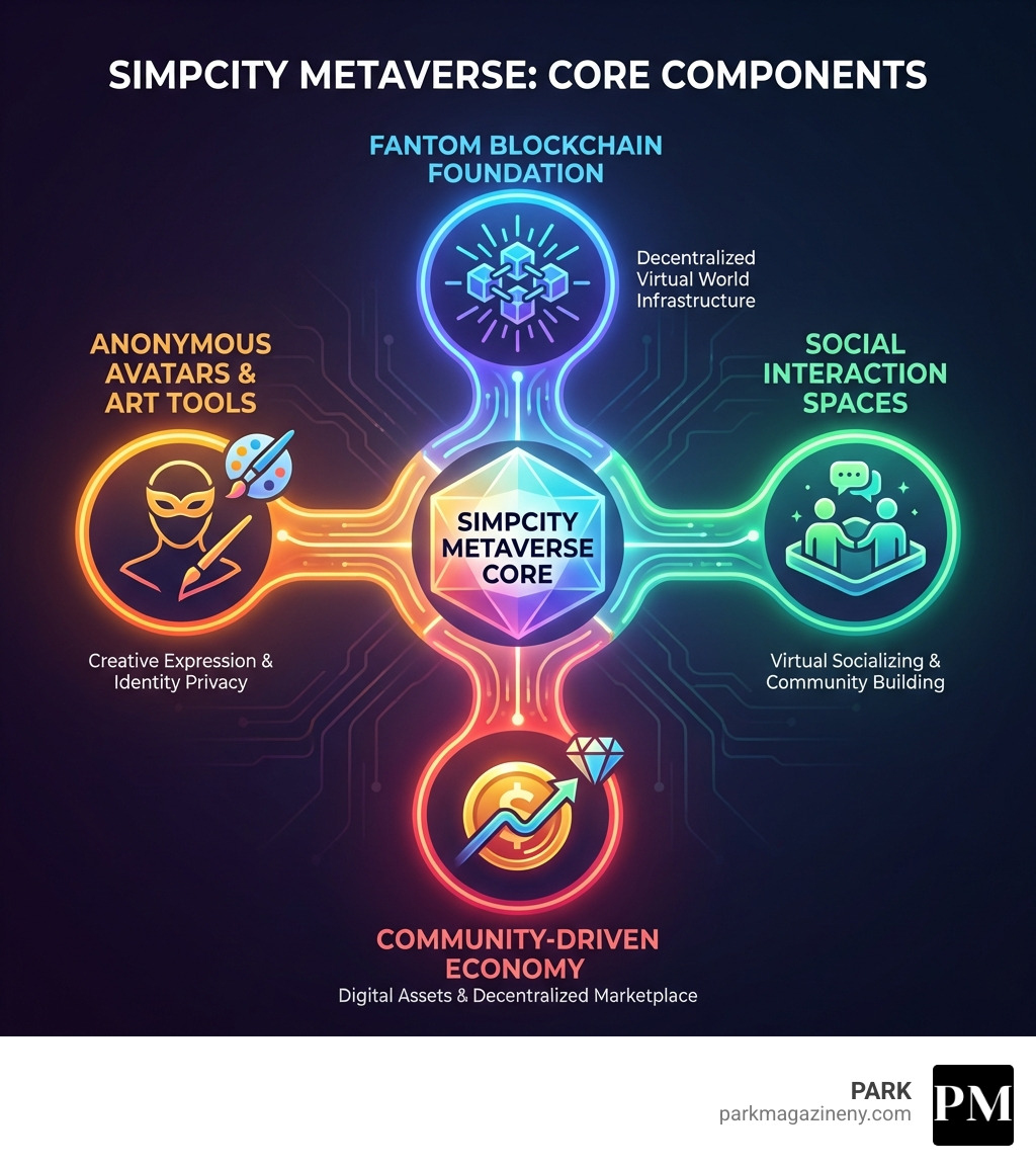 Infographic showing the core components of the Simpcity metaverse including the Fantom blockchain foundation, key features like anonymous avatars and digital art creation tools, social interaction spaces, and the community-driven economy with digital assets - simpcity infographic Infographic showing the core components of the Simpcity metaverse including the Fantom blockchain foundation, key features like anonymous avatars and digital art creation tools, social interaction spaces, and the community-driven economy with digital assets - simpcity infographic