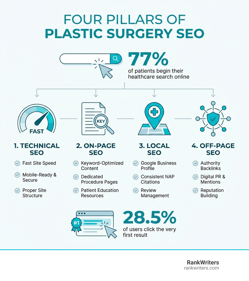 infographic showing the four pillars of plastic surgery SEO with icons for Technical SEO (speed gauge), On-Page SEO (content document), Local SEO (map pin), and Off-Page SEO (network connections), with statistics showing 77% of patients search online and 28.5% click the first result - SEO for plastic surgeons infographic 