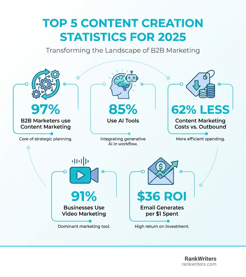 Infographic showing the top 5 content creation statistics for 2025: 97% of B2B marketers use content marketing, 85% use AI tools, content marketing costs 62% less than outbound, 91% of businesses use video marketing, and email generates $36 ROI per $1 spent - content creation statistics infographic 