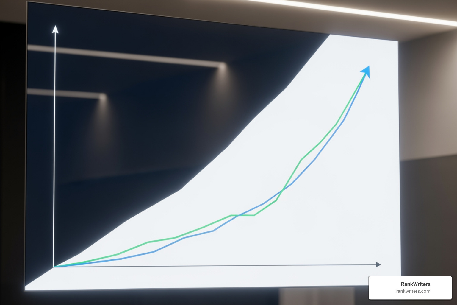 Graph showing a steady, upward curve representing exponential organic traffic growth over time, starting from a lower baseline and accelerating rapidly, symbolizing compounding results - SEO content creation agency