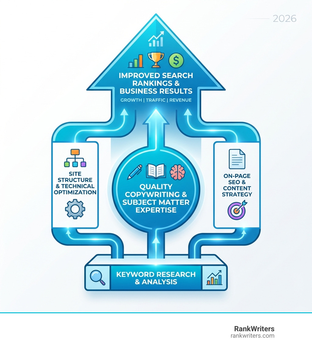 Infographic showing the core components of effective SEO content: Keyword Research & Analysis at the foundation, Quality Copywriting & Subject Matter Expertise in the center, Site Structure & Technical Optimization on one side, and On-Page SEO & Content Strategy on the other, all connecting to improved search rankings and business results at the top - SEO content creation agency infographic 
