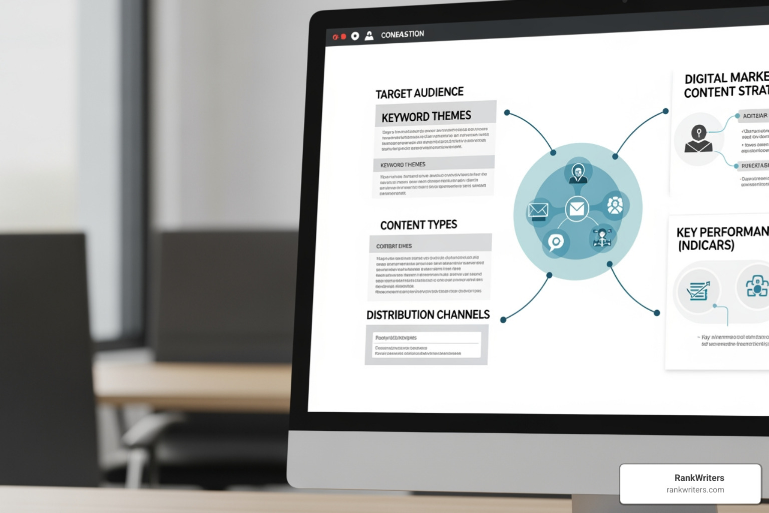 A computer screen displaying a detailed content strategy document with sections for target audience, keyword themes, content types, distribution channels, and KPIs, all pointing to a cohesive plan - SEO content creation agency