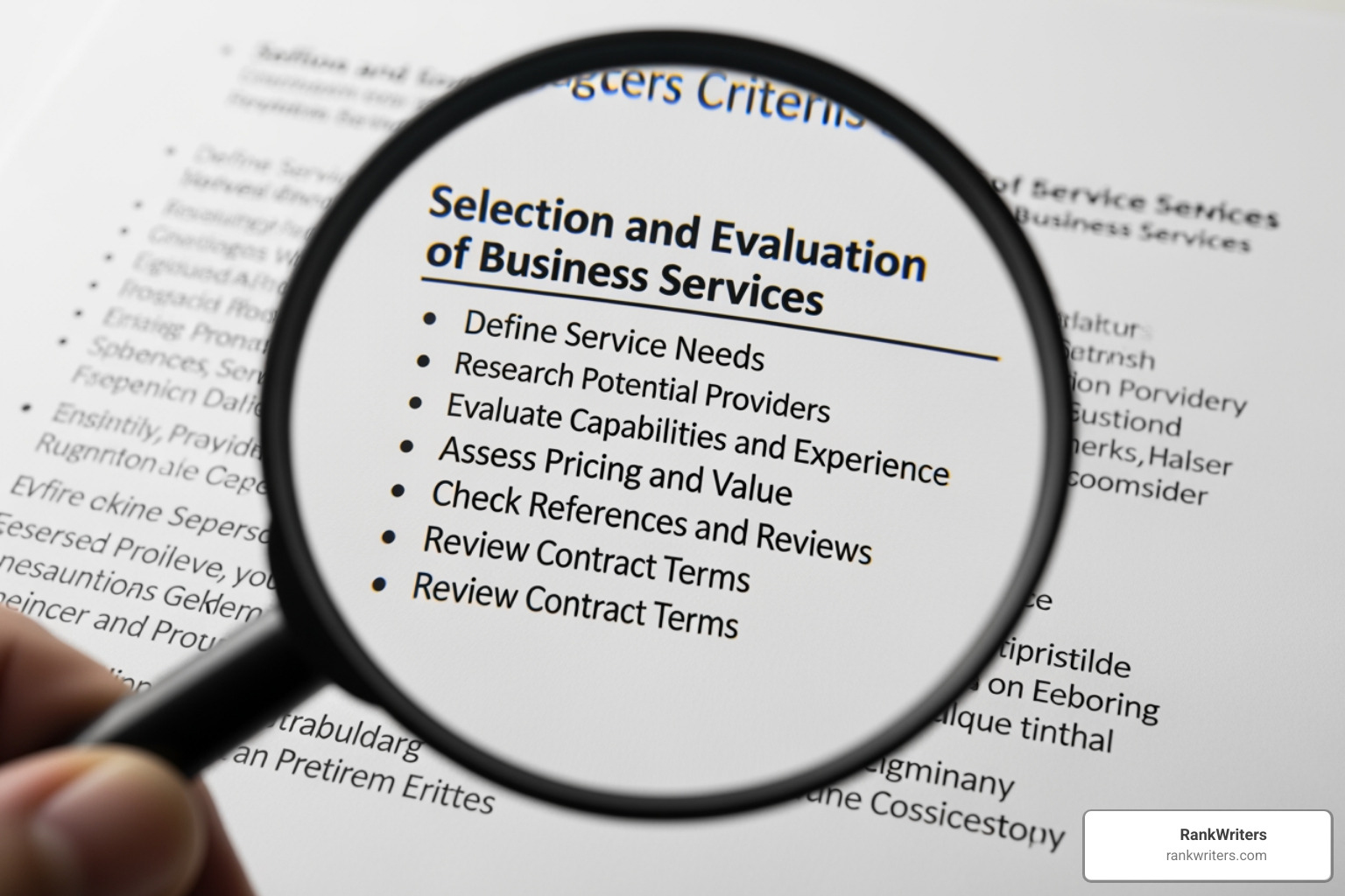 A magnifying glass hovering over a list of criteria for choosing an SEO consulting firm - SEO consulting firm