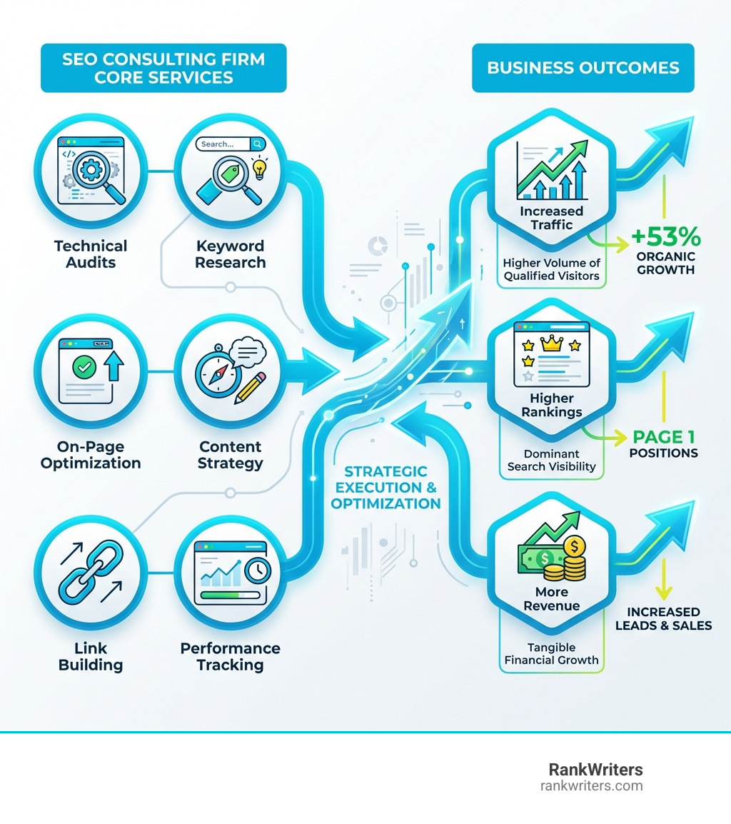 Infographic showing the core services of an SEO consulting firm including technical audits, keyword research, on-page optimization, content strategy, link building, and performance tracking with arrows pointing to business outcomes like increased traffic, higher rankings, and more revenue - SEO consulting firm infographic 