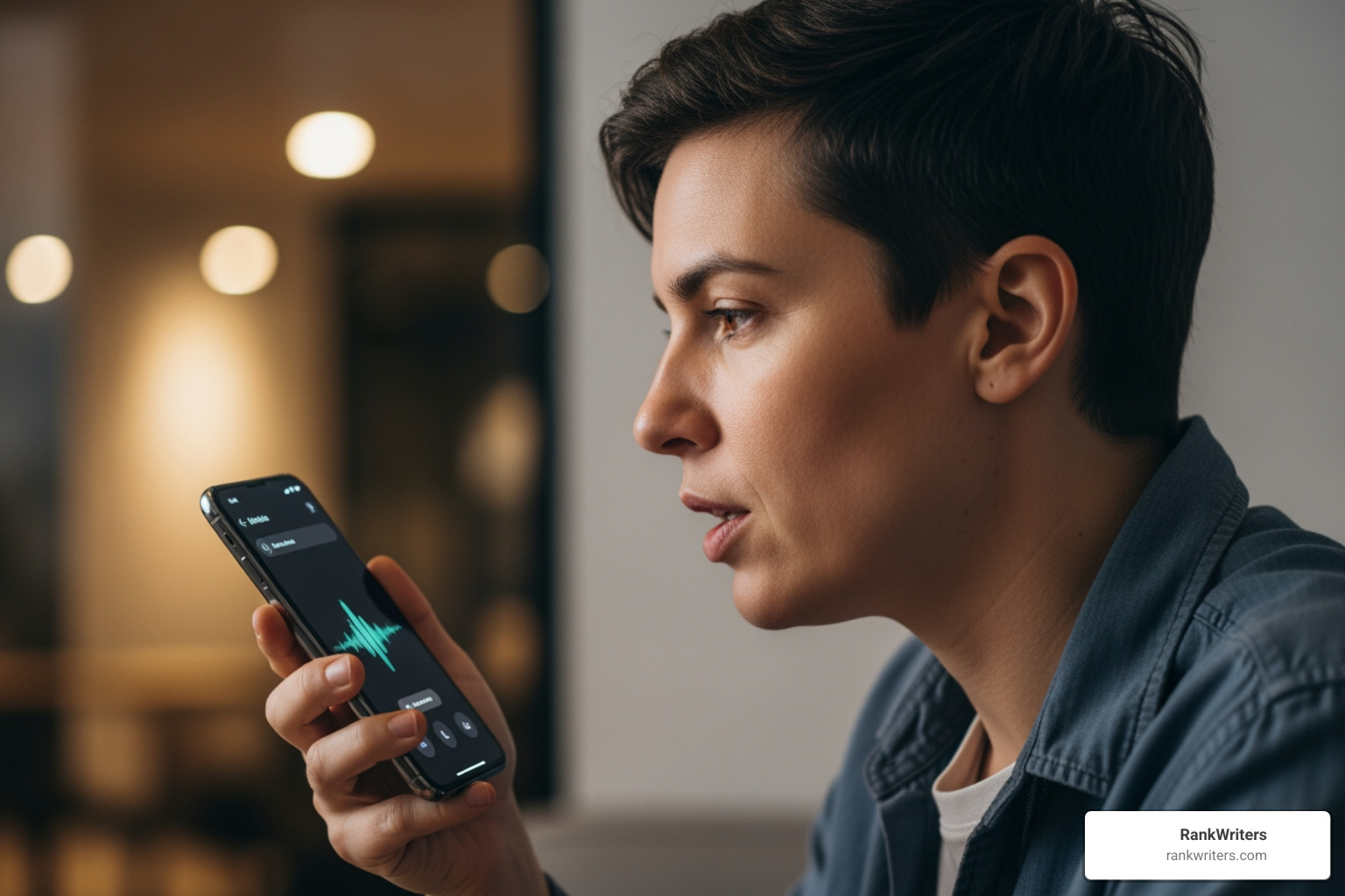 User speaking into a phone for a voice search - AI optimized content