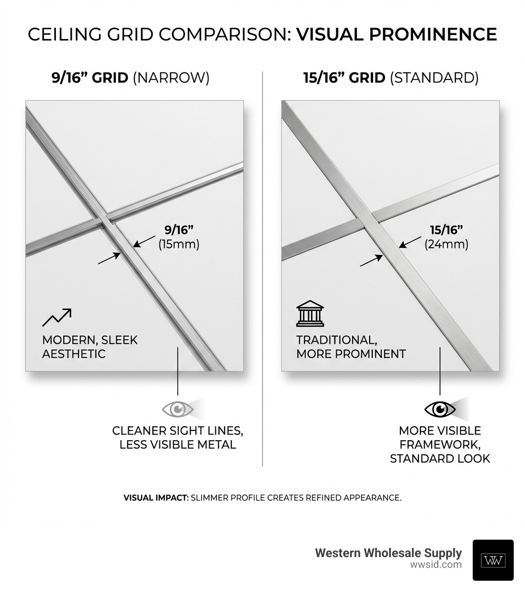 Infographic showing side-by-side comparison of 9/16 inch and 15/16 inch ceiling grid installed on finished ceilings, highlighting the visual difference in grid prominence, modern versus traditional aesthetic, and how the narrower grid creates cleaner sight lines with less visible metal framework - 9/16 ceiling grid infographic Infographic showing side-by-side comparison of 9/16 inch and 15/16 inch ceiling grid installed on finished ceilings, highlighting the visual difference in grid prominence, modern versus traditional aesthetic, and how the narrower grid creates cleaner sight lines with less visible metal framework - 9/16 ceiling grid infographic