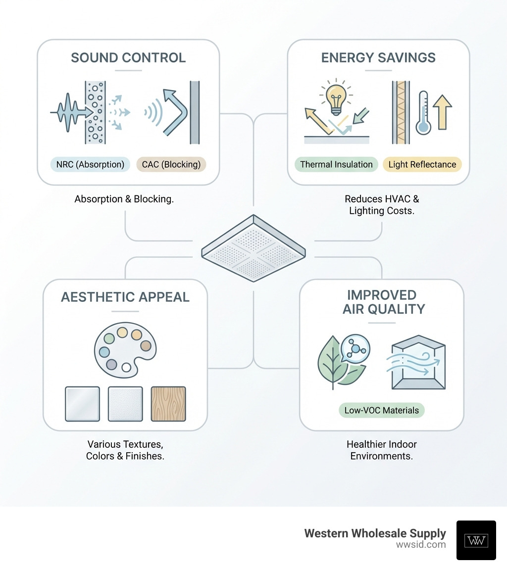 Infographic showing the four key benefits of acoustical ceilings: Sound Control through absorption and blocking measured by NRC and CAC ratings, Energy Savings from thermal insulation and light reflectance reducing HVAC and lighting costs, Aesthetic Appeal with various textures colors and finishes to match any design, and Improved Air Quality using low-VOC and low-emitting materials for healthier indoor environments - acoustical ceilings infographic Infographic showing the four key benefits of acoustical ceilings: Sound Control through absorption and blocking measured by NRC and CAC ratings, Energy Savings from thermal insulation and light reflectance reducing HVAC and lighting costs, Aesthetic Appeal with various textures colors and finishes to match any design, and Improved Air Quality using low-VOC and low-emitting materials for healthier indoor environments - acoustical ceilings infographic