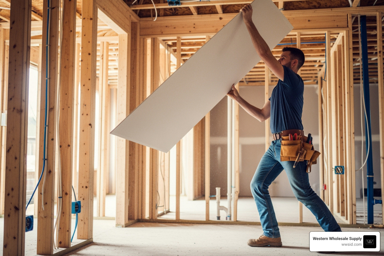 a contractor easily lifting an ultralight 1/2-inch drywall panel - 1/2 inch drywall a contractor easily lifting an ultralight 1/2-inch drywall panel - 1/2 inch drywall