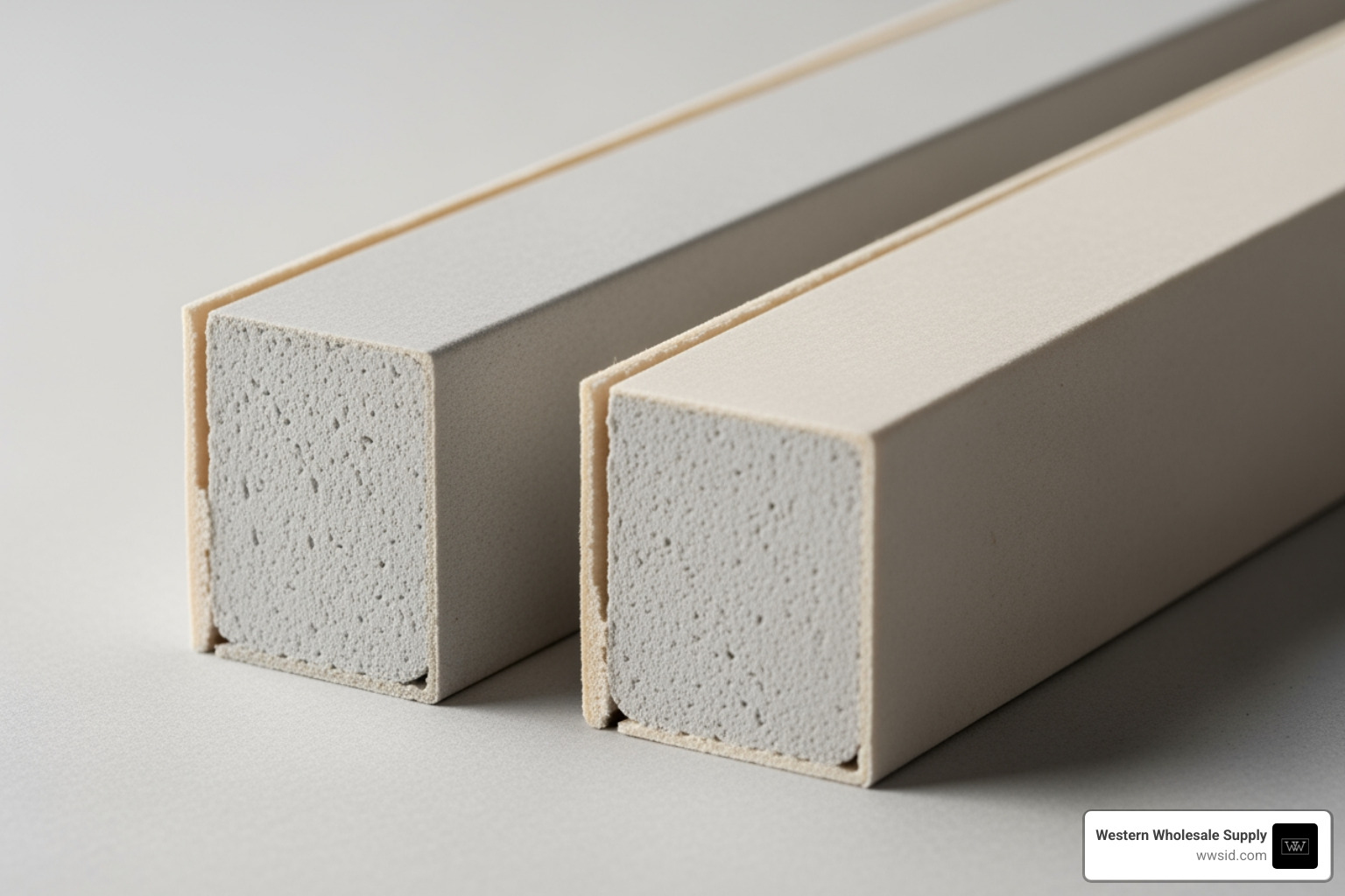 Image showing the thickness difference between a 1/2-inch and 5/8-inch panel side-by-side - 1/2 inch drywall Image showing the thickness difference between a 1/2-inch and 5/8-inch panel side-by-side - 1/2 inch drywall