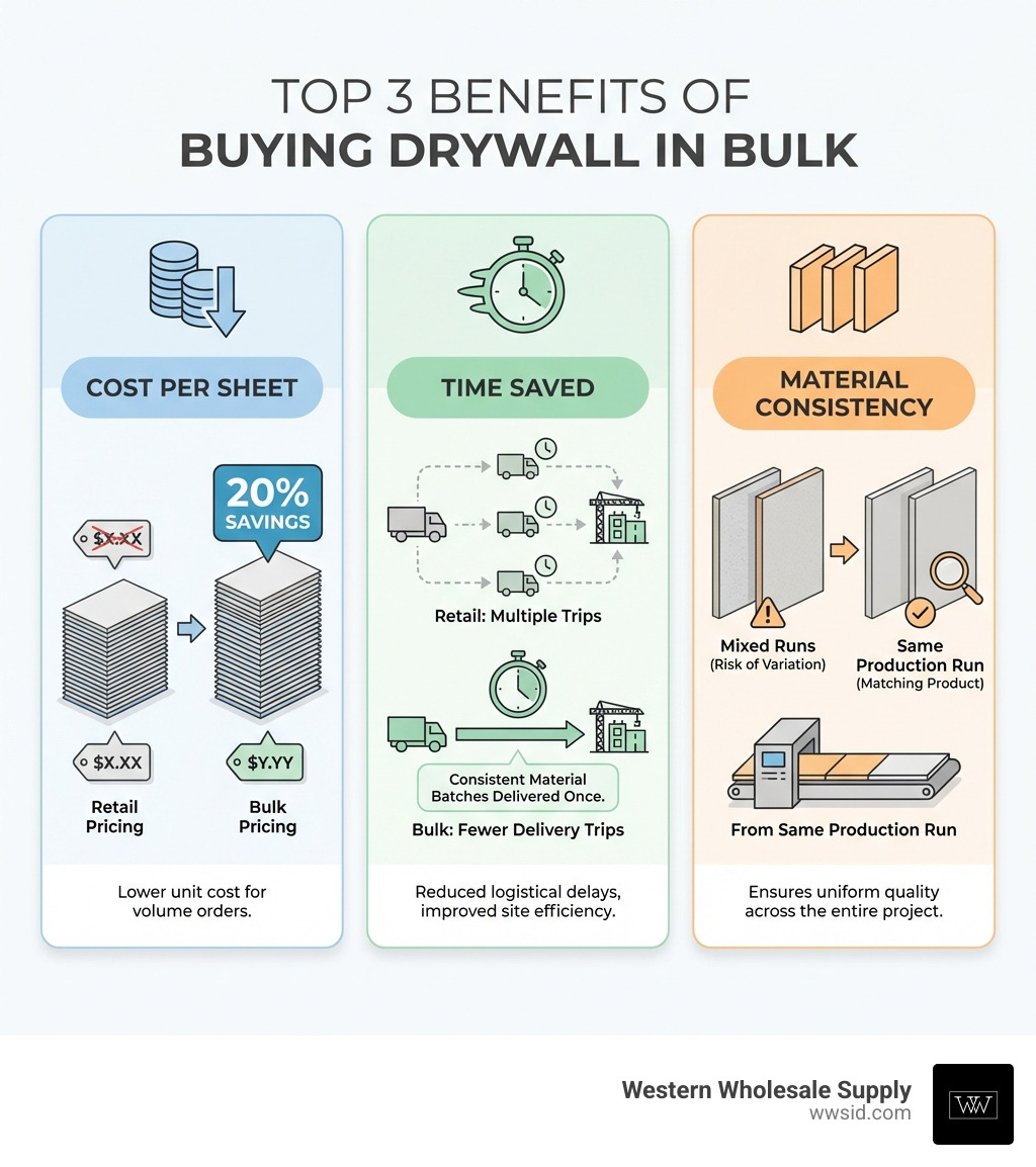Infographic showing the top 3 benefits of buying drywall in bulk: Cost Per Sheet shows 20% savings with bulk pricing, Time Saved illustrates fewer delivery trips and consistent material batches, and Material Consistency demonstrates matching product from the same production run - bulk drywall infographic Infographic showing the top 3 benefits of buying drywall in bulk: Cost Per Sheet shows 20% savings with bulk pricing, Time Saved illustrates fewer delivery trips and consistent material batches, and Material Consistency demonstrates matching product from the same production run - bulk drywall infographic