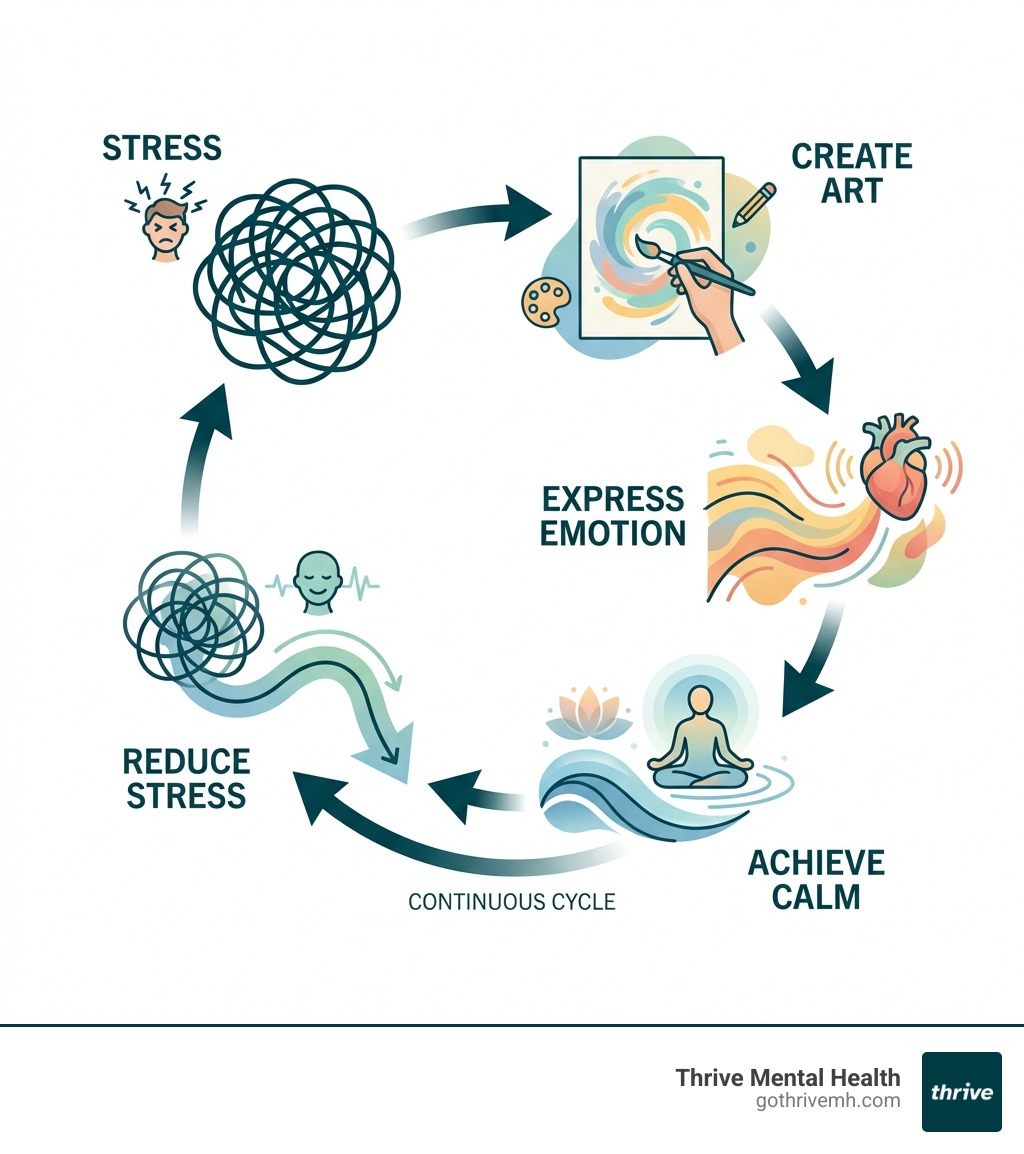 infographic explaining the cycle of art therapy for relaxation: Stress -> Create Art -> Express Emotion -> Achieve Calm -> Reduce Stress - art therapy for relaxation infographic 