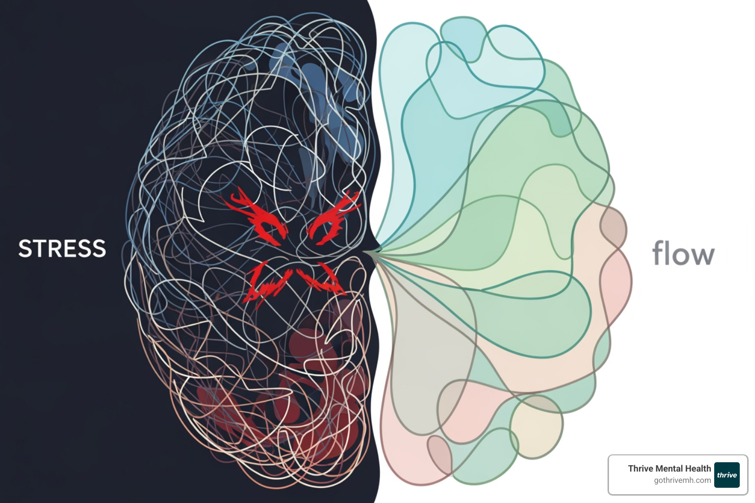 simple graphic showing a stressed brain vs. a relaxed brain in a "flow state" - art therapy for relaxation