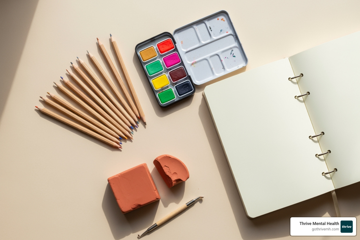 flat-lay of simple art supplies like colored pencils, a journal, watercolors, and a piece of clay - art therapy for relaxation