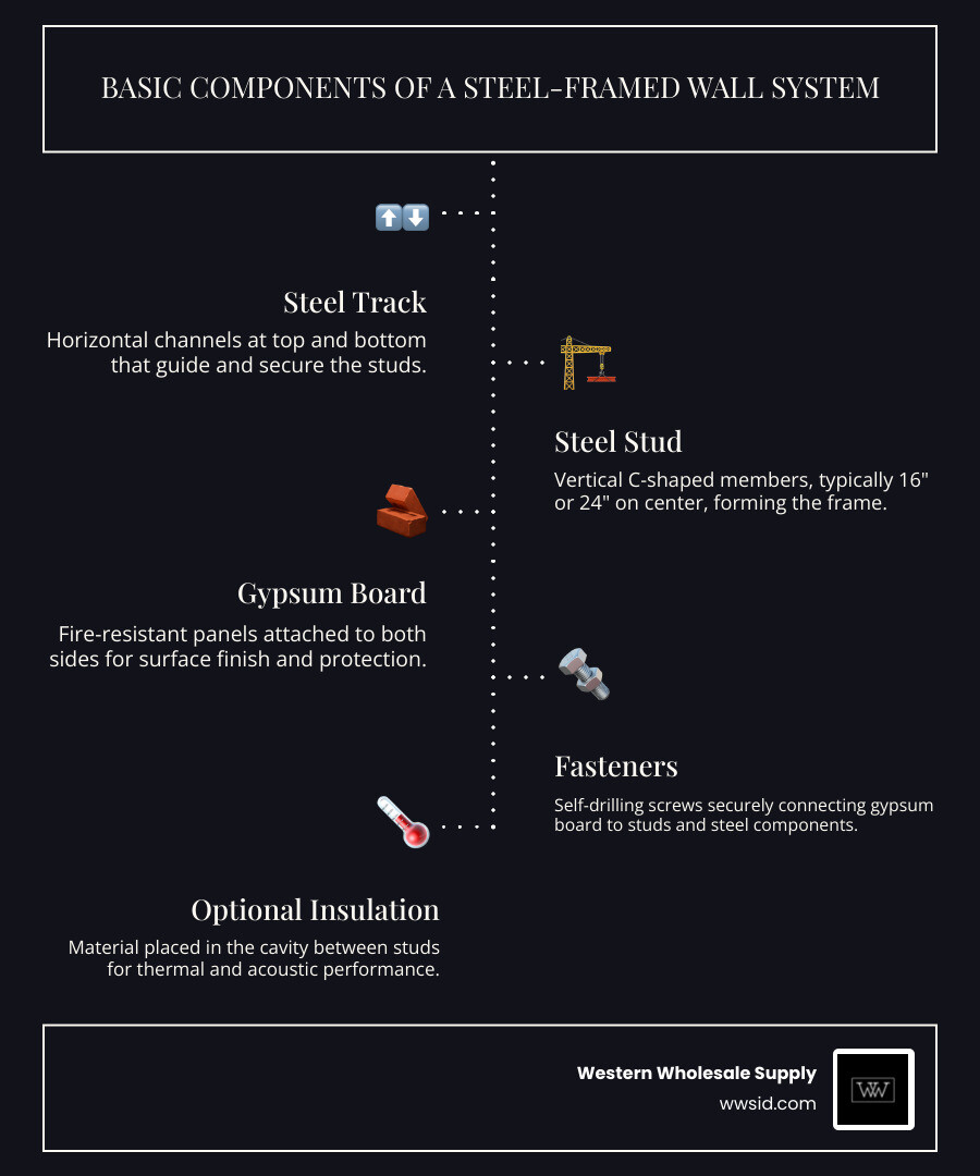 infographic showing cross-section of steel-framed wall system with labeled components: steel track at top and bottom, vertical steel studs at 16 or 24 inches on center, gypsum board on both sides, self-drilling screws connecting board to studs, and optional insulation in cavity between studs - gypsum steel frame infographic infographic-line-5-steps-dark infographic showing cross-section of steel-framed wall system with labeled components: steel track at top and bottom, vertical steel studs at 16 or 24 inches on center, gypsum board on both sides, self-drilling screws connecting board to studs, and optional insulation in cavity between studs - gypsum steel frame infographic infographic-line-5-steps-dark