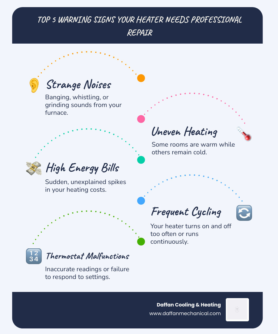 Infographic showing the top warning signs your heater needs professional repair in Weatherford TX, including strange noises like banging or whistling, uneven heating with cold spots in certain rooms, sudden spikes in energy bills, frequent cycling on and off, thermostat malfunctions, and poor indoor air quality or dust buildup - affordable heater repair in weatherford, tx infographic infographic-line-5-steps-blues-accent_colors Infographic showing the top warning signs your heater needs professional repair in Weatherford TX, including strange noises like banging or whistling, uneven heating with cold spots in certain rooms, sudden spikes in energy bills, frequent cycling on and off, thermostat malfunctions, and poor indoor air quality or dust buildup - affordable heater repair in weatherford, tx infographic infographic-line-5-steps-blues-accent_colors
