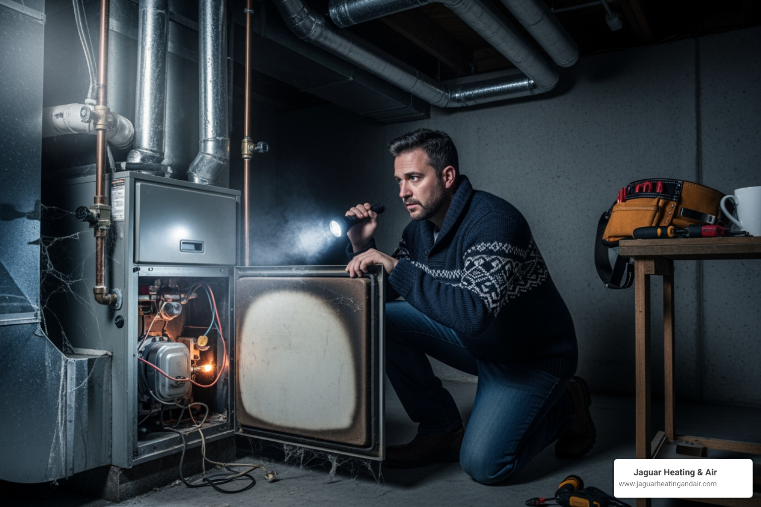 infographic showing the top 5 signs of a heating emergency with icons for gas smell, no heat, carbon monoxide alarm, strange noises, and yellow pilot light - heating installation emergency in roseville, ca