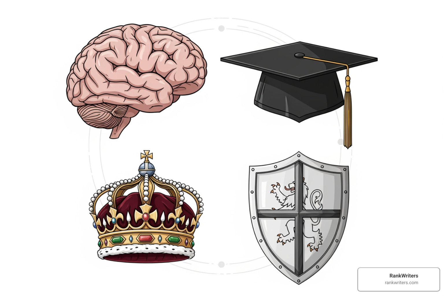 E-E-A-T principles: a brain for Experience, a graduation cap for Expertise, a crown for Authoritativeness, a shield for Trust - Generative AI content