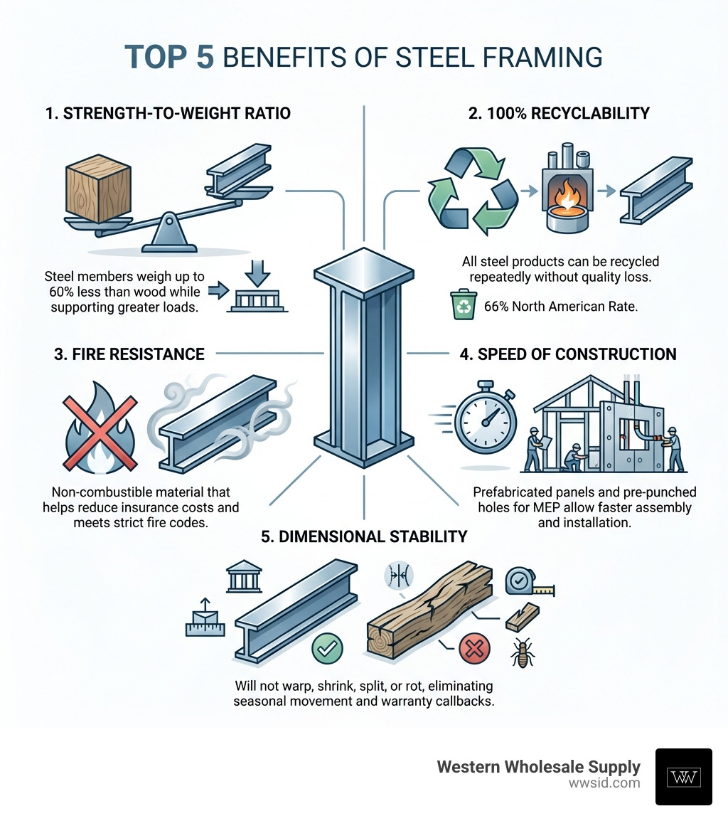 Infographic showing the top 5 benefits of steel framing: 1. Strength-to-Weight Ratio - Steel members weigh up to 60% less than wood while supporting greater loads. 2. 100% Recyclability - All steel products can be recycled repeatedly without quality loss, with 66% overall recycling rate in North America. 3. Fire Resistance - Non-combustible material that helps reduce insurance costs and meets strict fire codes. 4. Speed of Construction - Prefabricated panels and pre-punched holes for MEP allow faster assembly and installation. 5. Dimensional Stability - Will not warp, shrink, split, or rot, eliminating seasonal movement and warranty callbacks. - steel framing infographic Infographic showing the top 5 benefits of steel framing: 1. Strength-to-Weight Ratio - Steel members weigh up to 60% less than wood while supporting greater loads. 2. 100% Recyclability - All steel products can be recycled repeatedly without quality loss, with 66% overall recycling rate in North America. 3. Fire Resistance - Non-combustible material that helps reduce insurance costs and meets strict fire codes. 4. Speed of Construction - Prefabricated panels and pre-punched holes for MEP allow faster assembly and installation. 5. Dimensional Stability - Will not warp, shrink, split, or rot, eliminating seasonal movement and warranty callbacks. - steel framing infographic