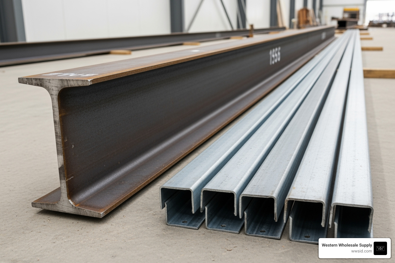 Comparison of a heavy hot-rolled I-beam next to lightweight cold-formed C-studs - steel framing Comparison of a heavy hot-rolled I-beam next to lightweight cold-formed C-studs - steel framing