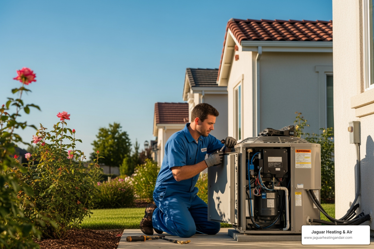 infographic showing heat pump repair warning signs including unusual noises, weak airflow, inconsistent temperatures, higher energy bills, frequent cycling, and ice buildup on outdoor unit, with icons for each symptom and a central image of a residential heat pump - heat pump repair in roseville, ca
