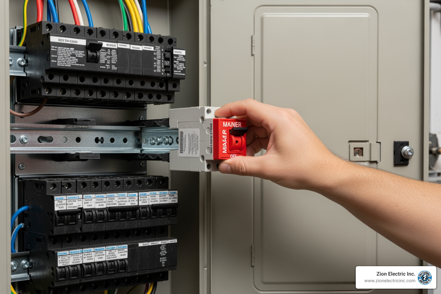 a hand safely turning off a main breaker switch - emergency residential electrician near me