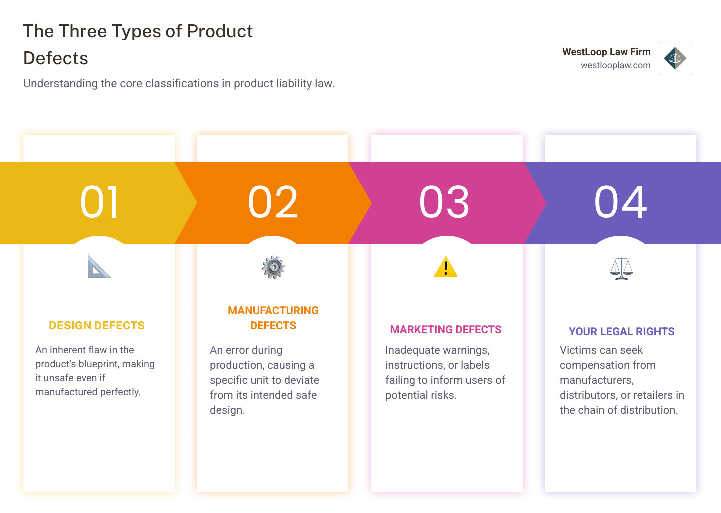 infographic showing three types of product defects: design defects with an unsafe product blueprint, manufacturing defects with a broken assembly line, and marketing defects with missing warning labels - Houston product liability attorney infographic pillar-4-steps infographic showing three types of product defects: design defects with an unsafe product blueprint, manufacturing defects with a broken assembly line, and marketing defects with missing warning labels - Houston product liability attorney infographic pillar-4-steps