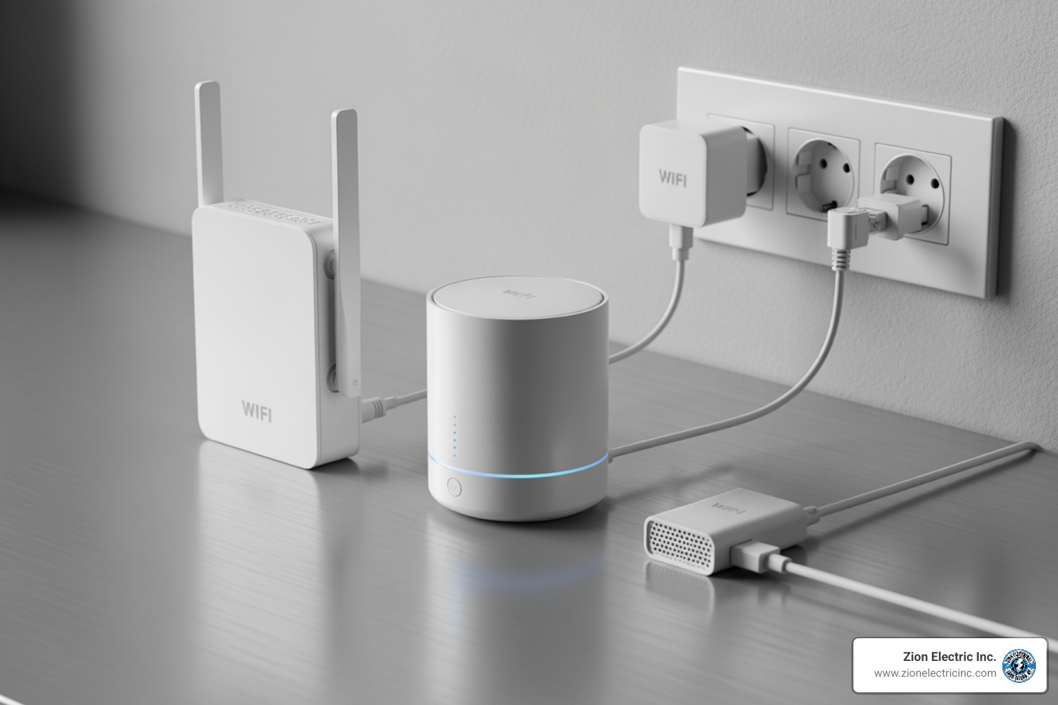 different WiFi hardware solutions: a range extender, a mesh system node, and powerline adapters - extend home wifi range different WiFi hardware solutions: a range extender, a mesh system node, and powerline adapters - extend home wifi range