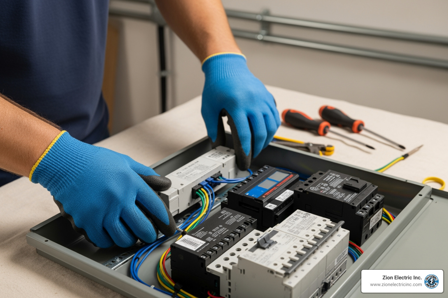 electrician installing whole house surge protector - surge protection Long Island