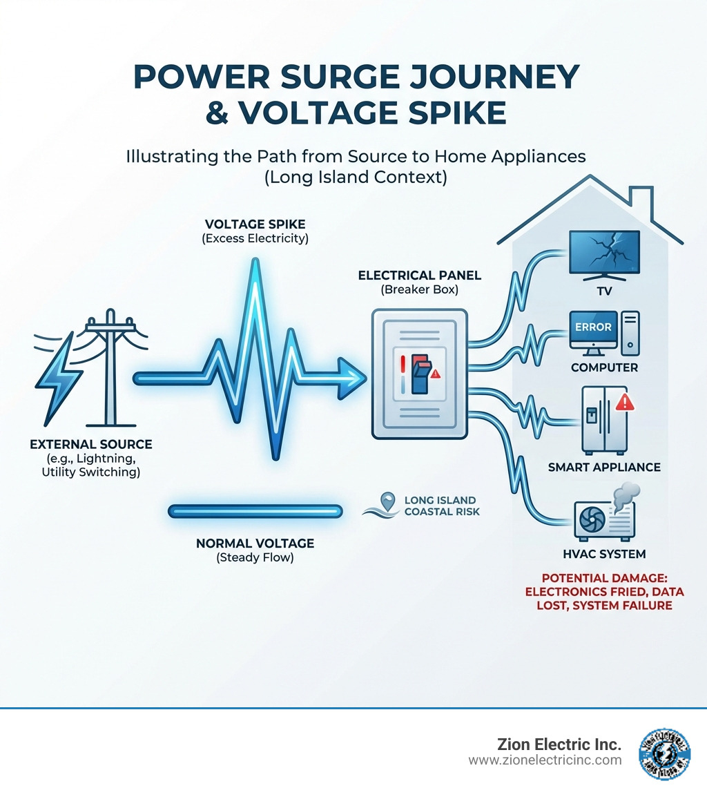 infographic showing how a power surge travels from external source through power lines to electrical panel and then to home appliances, with voltage spike illustrated - surge protection Long Island infographic 