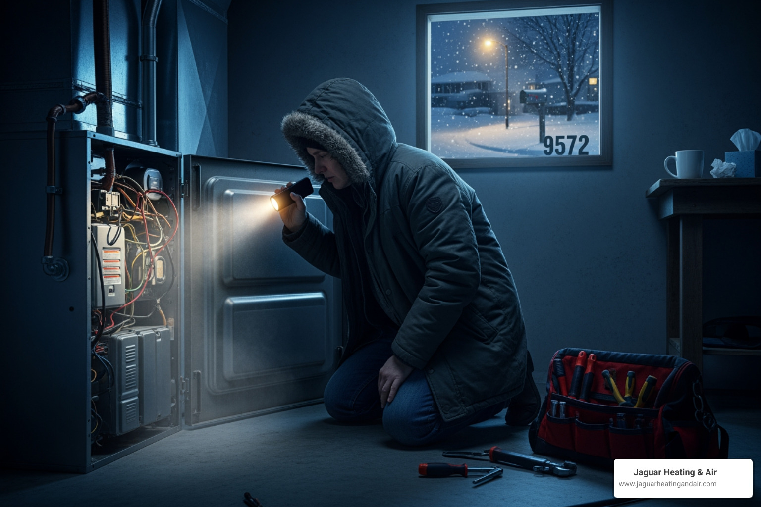 Infographic showing the top 5 signs your heating system needs emergency repair: 1. Complete loss of heat with thermostat set correctly, 2. Strong gas or burning odors near the furnace, 3. Carbon monoxide detector alarming, 4. Unusual loud noises like banging or screeching, 5. Yellow or flickering pilot light instead of steady blue flame - heating repair emergency in elk grove, ca