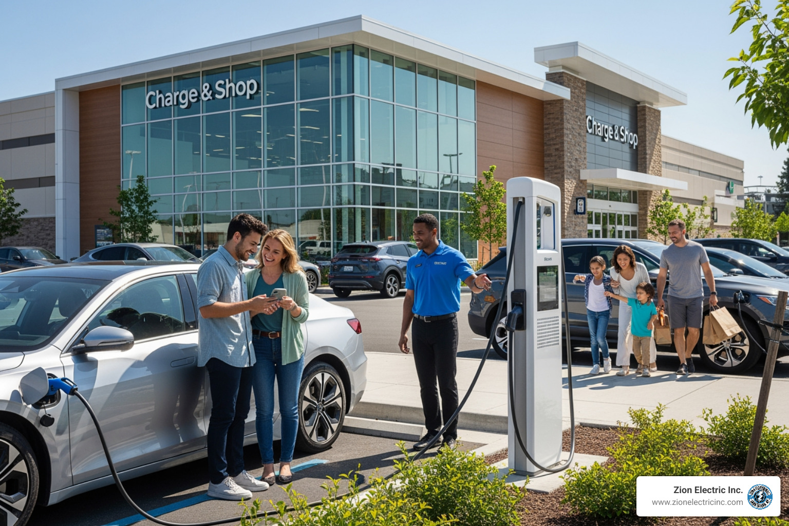 happy customers using an EV charger outside a retail store - EV charging for business