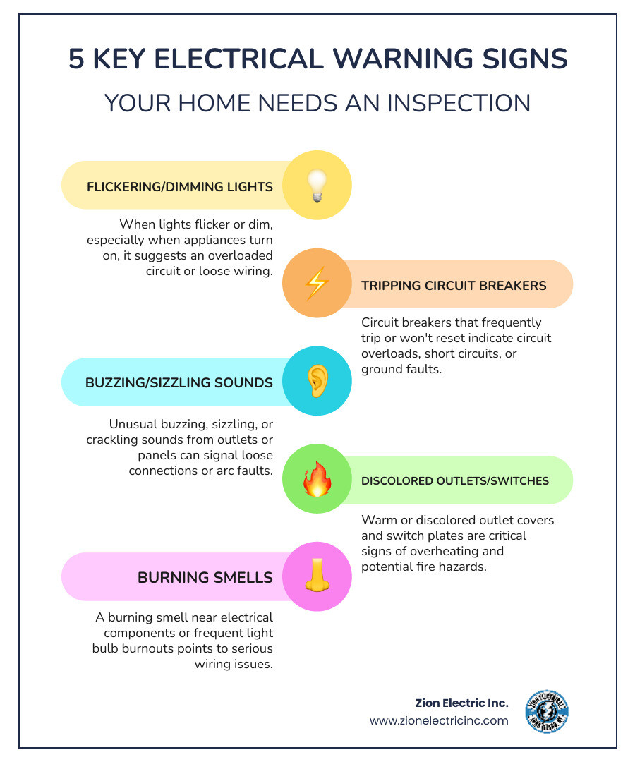 Infographic showing 5 key warning signs your home needs an electrical wiring inspection: 1) Flickering or dimming lights when appliances turn on, 2) Circuit breakers that trip frequently or won't reset, 3) Buzzing, sizzling, or crackling sounds from outlets or panels, 4) Discolored or warm outlet covers and switch plates, 5) Burning smell near electrical components or frequent light bulb burnouts - electrical wiring inspection infographic infographic-line-5-steps-colors
