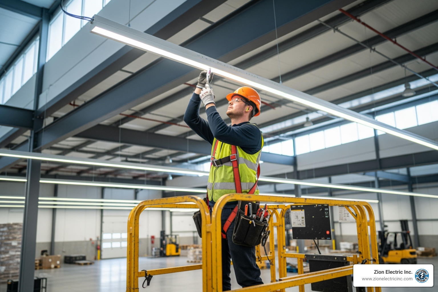 of an electrician on a lift installing high-bay lighting in a warehouse - commercial lighting contractor of an electrician on a lift installing high-bay lighting in a warehouse - commercial lighting contractor