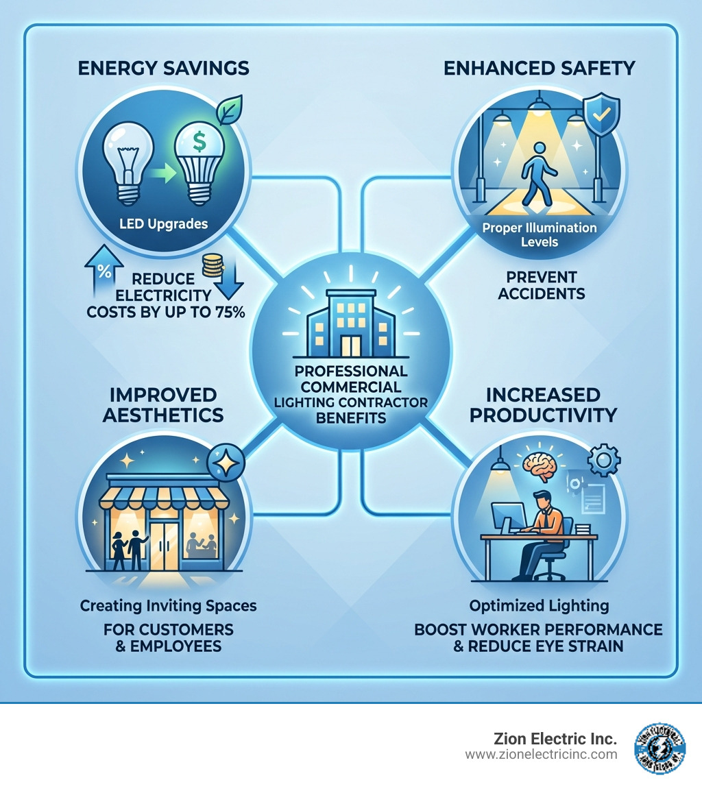 Infographic showing four key benefits of professional commercial lighting contractors: Energy Savings with LED upgrades reducing electricity costs by up to 75%, Enhanced Safety through proper illumination levels preventing accidents, Improved Aesthetics creating inviting spaces for customers and employees, and Increased Productivity with optimized lighting boosting worker performance and reducing eye strain - commercial lighting contractor infographic Infographic showing four key benefits of professional commercial lighting contractors: Energy Savings with LED upgrades reducing electricity costs by up to 75%, Enhanced Safety through proper illumination levels preventing accidents, Improved Aesthetics creating inviting spaces for customers and employees, and Increased Productivity with optimized lighting boosting worker performance and reducing eye strain - commercial lighting contractor infographic