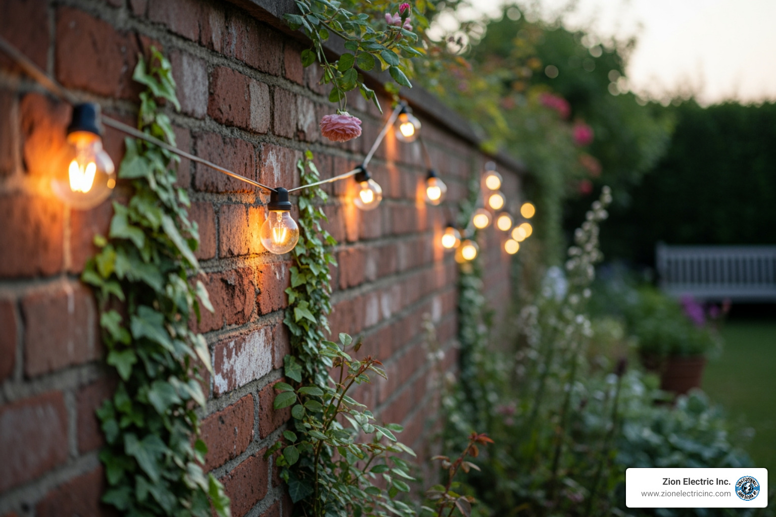 Festoon lights mounted securely along a brick garden wall - install festoon lights