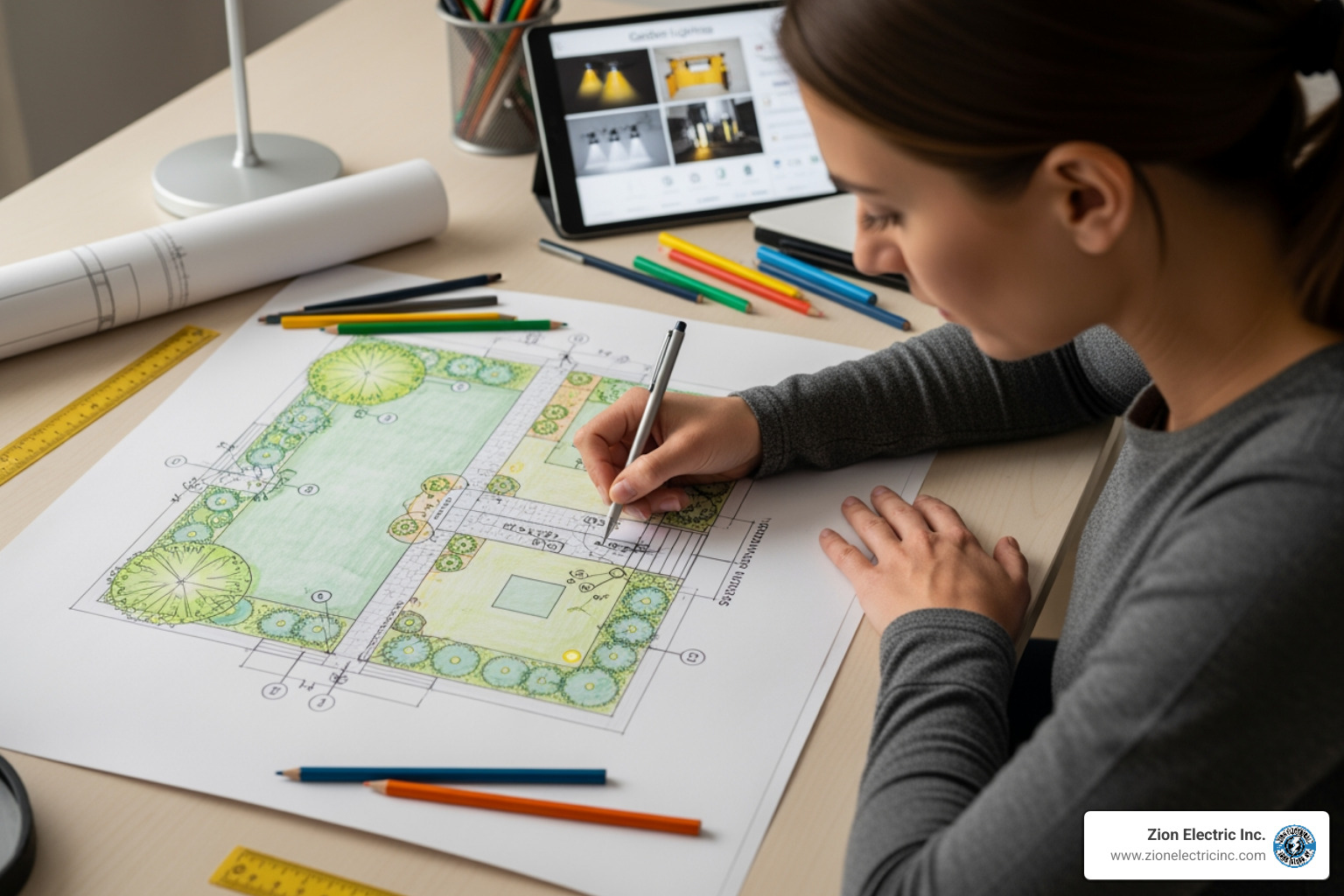 Person sketching garden lighting layout - install festoon lights