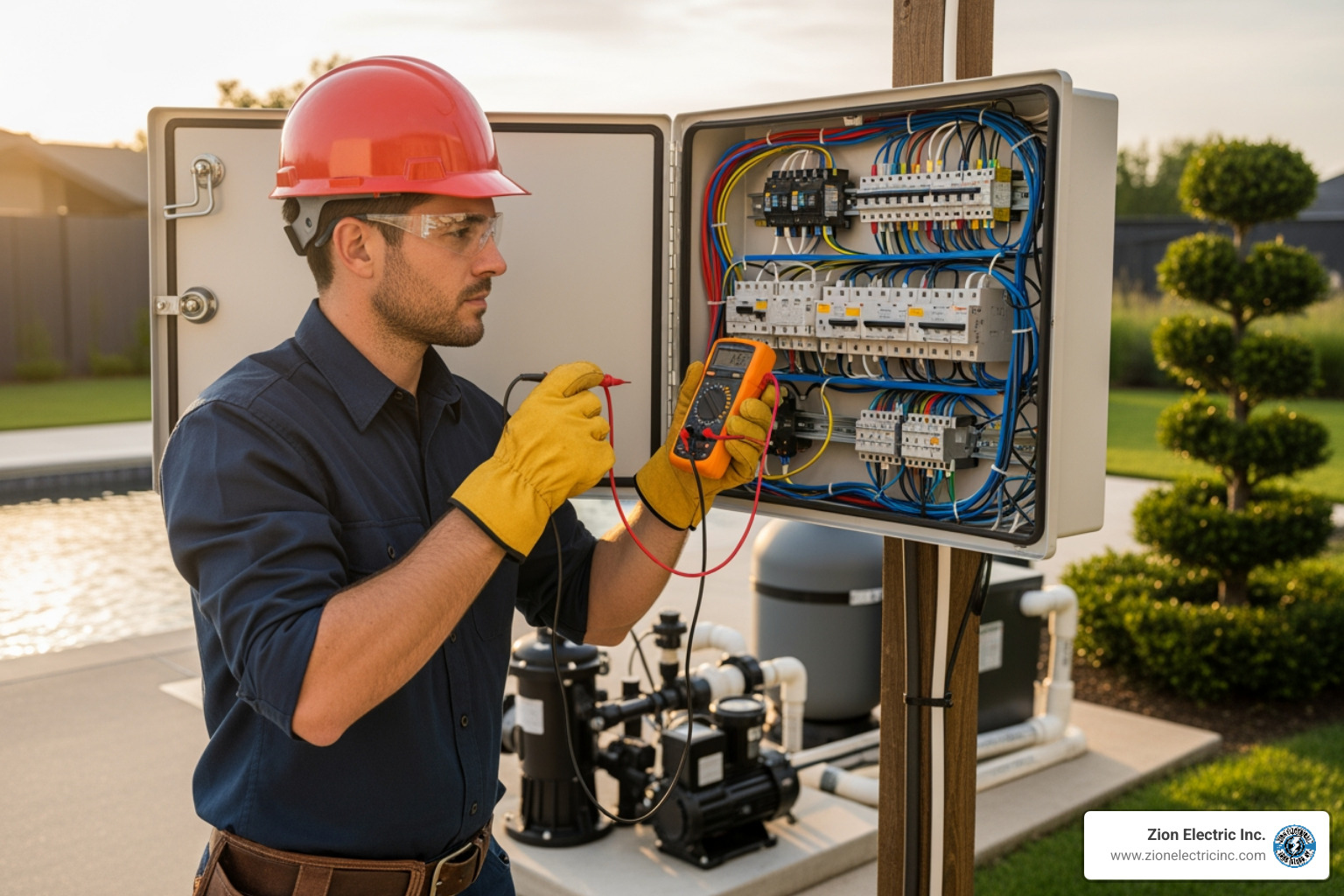 An electrician inspecting the wiring inside a weatherproof subpanel installed near a swimming pool equipment pad - pool electrical installation An electrician inspecting the wiring inside a weatherproof subpanel installed near a swimming pool equipment pad - pool electrical installation