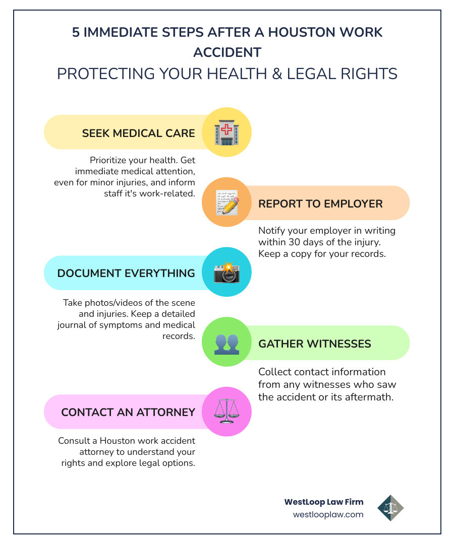 Infographic explaining the 5 immediate steps to take after a work accident in Houston. These include: 1. Seek immediate medical attention, 2. Report the injury to your employer, 3. Document the scene and your injuries, 4. Gather witness information, and 5. Contact a Houston work accident attorney. - houston work accident attorney infographic infographic-line-5-steps-colors Infographic explaining the 5 immediate steps to take after a work accident in Houston. These include: 1. Seek immediate medical attention, 2. Report the injury to your employer, 3. Document the scene and your injuries, 4. Gather witness information, and 5. Contact a Houston work accident attorney. - houston work accident attorney infographic infographic-line-5-steps-colors