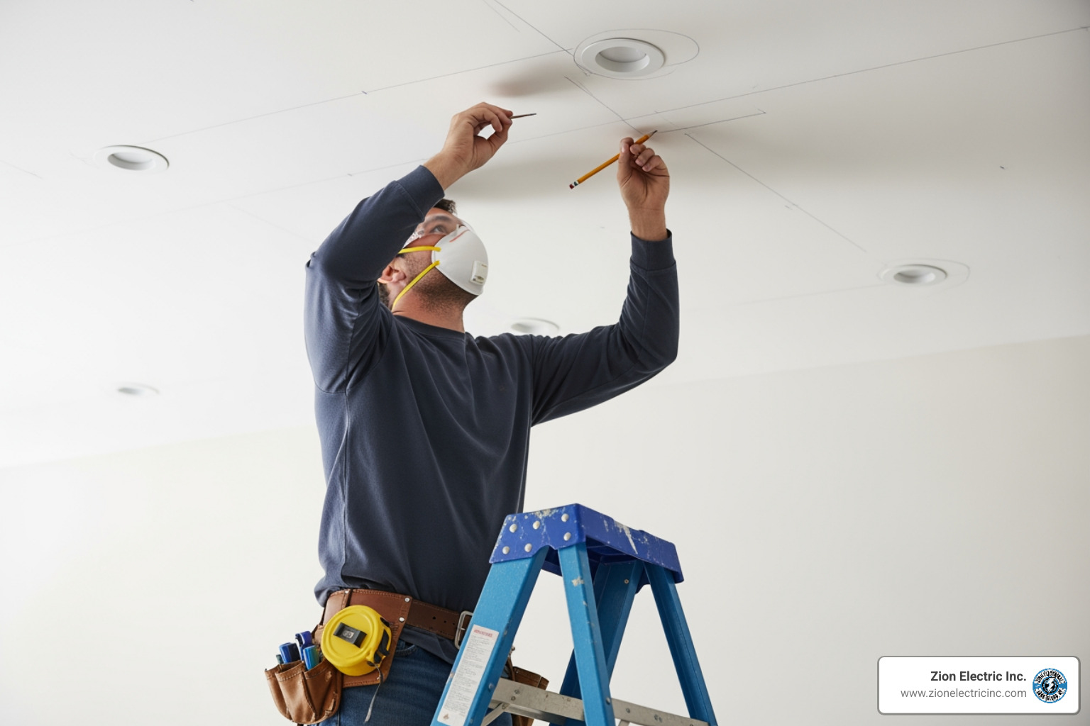 person wearing safety glasses and dust mask marking ceiling - Recessed lighting installation