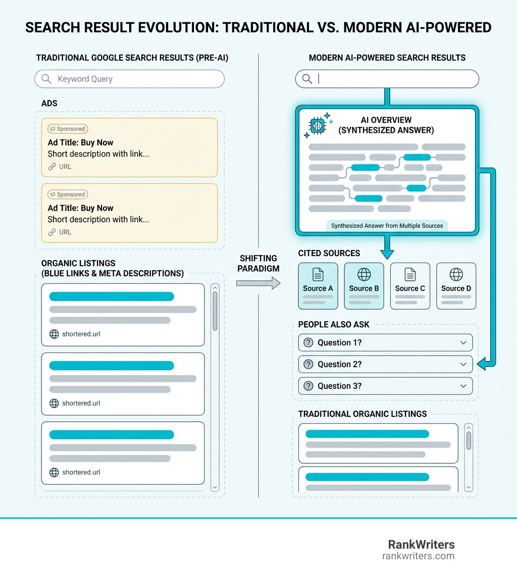 Infographic showing the key differences between traditional Google search results (blue links, meta descriptions, ads) and modern AI-powered search results featuring an AI Overview box at the top with synthesized answers, followed by cited sources, People Also Ask section, and traditional organic listings - AI optimized content infographic 